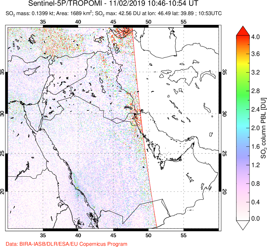 A sulfur dioxide image over Middle East on Nov 02, 2019.