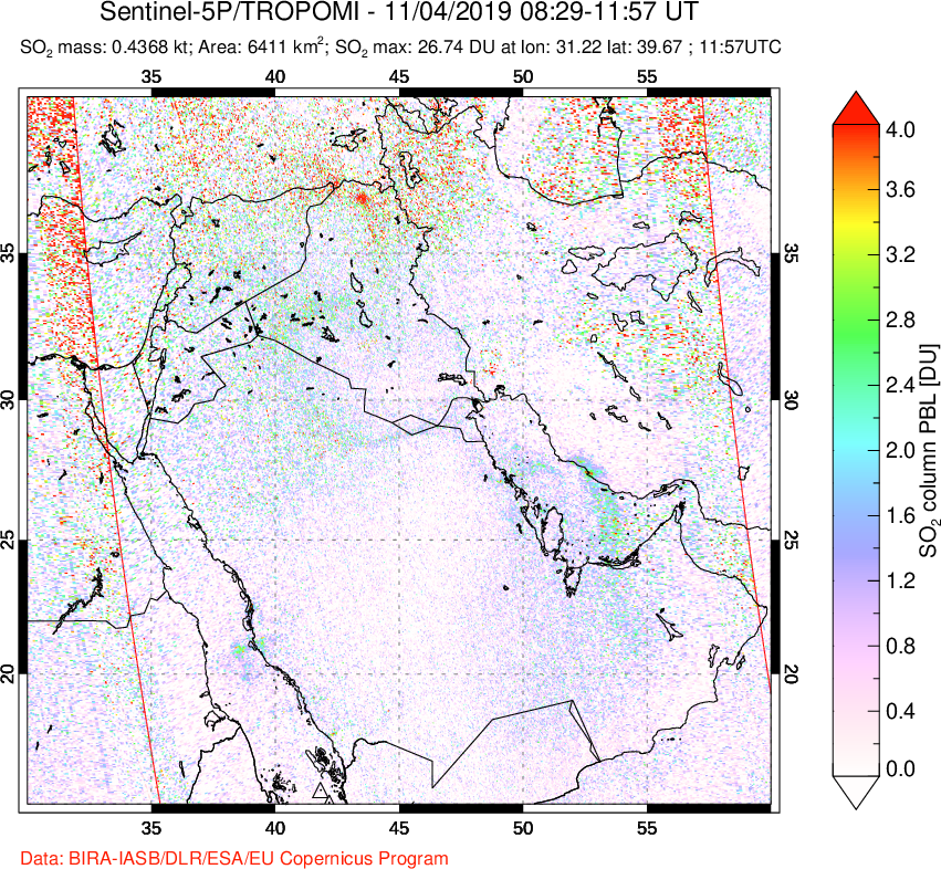A sulfur dioxide image over Middle East on Nov 04, 2019.