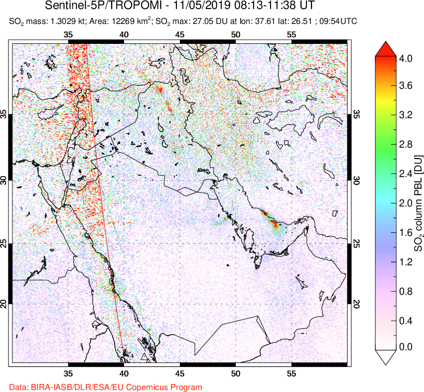 A sulfur dioxide image over Middle East on Nov 05, 2019.