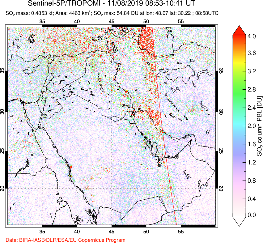 A sulfur dioxide image over Middle East on Nov 08, 2019.