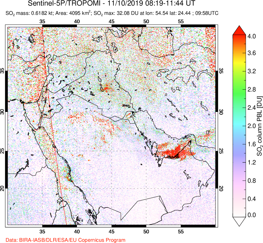 A sulfur dioxide image over Middle East on Nov 10, 2019.