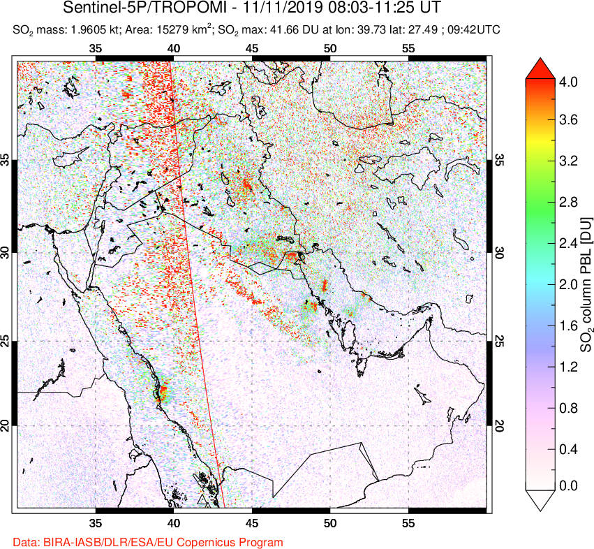 A sulfur dioxide image over Middle East on Nov 11, 2019.