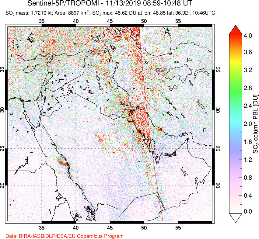 A sulfur dioxide image over Middle East on Nov 13, 2019.