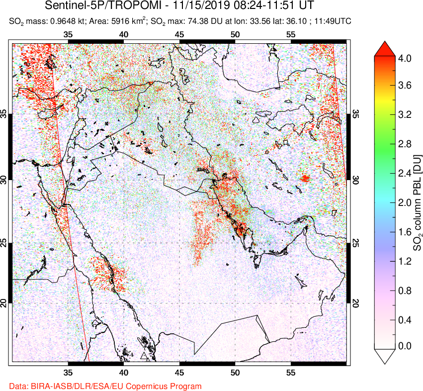A sulfur dioxide image over Middle East on Nov 15, 2019.
