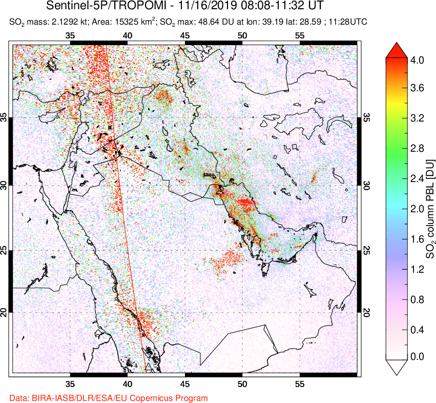 A sulfur dioxide image over Middle East on Nov 16, 2019.