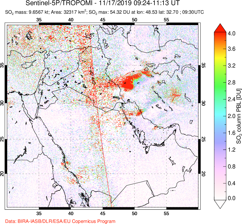 A sulfur dioxide image over Middle East on Nov 17, 2019.