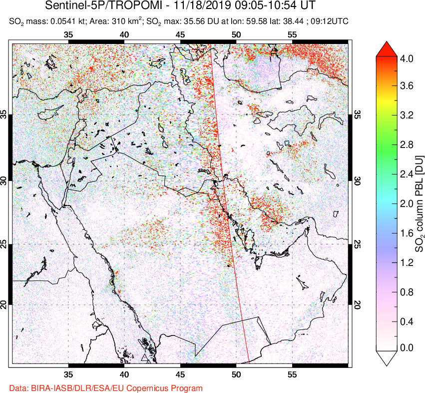 A sulfur dioxide image over Middle East on Nov 18, 2019.