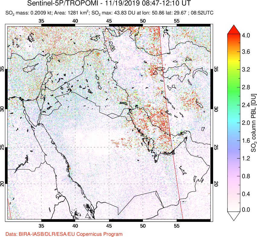A sulfur dioxide image over Middle East on Nov 19, 2019.