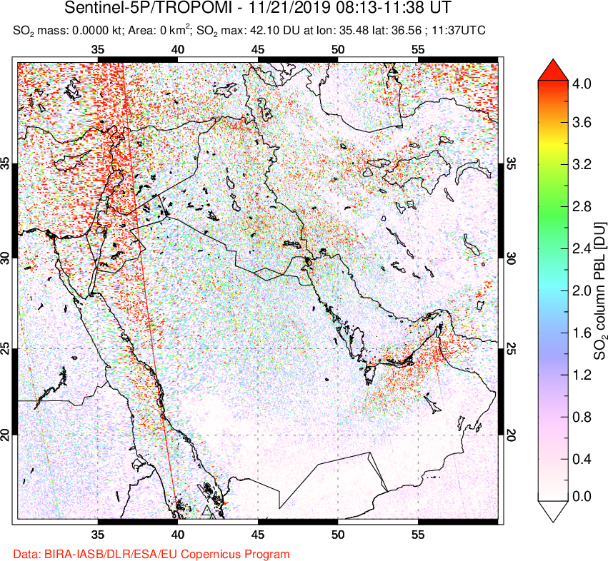 A sulfur dioxide image over Middle East on Nov 21, 2019.