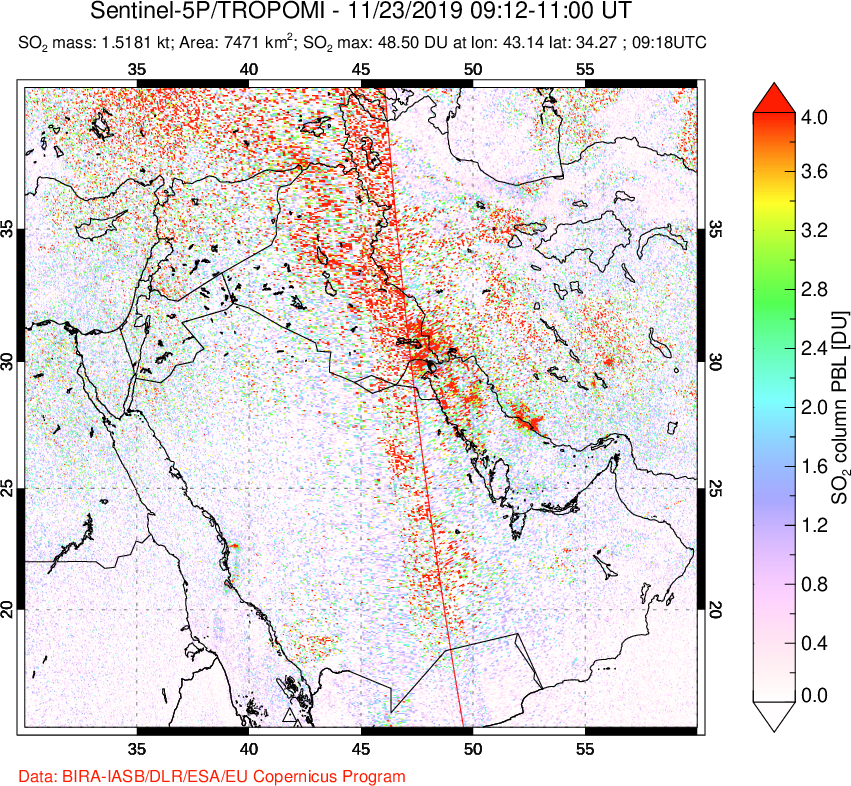 A sulfur dioxide image over Middle East on Nov 23, 2019.
