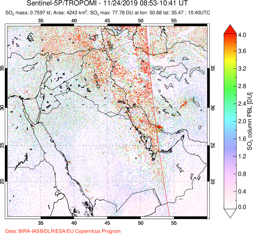 A sulfur dioxide image over Middle East on Nov 24, 2019.