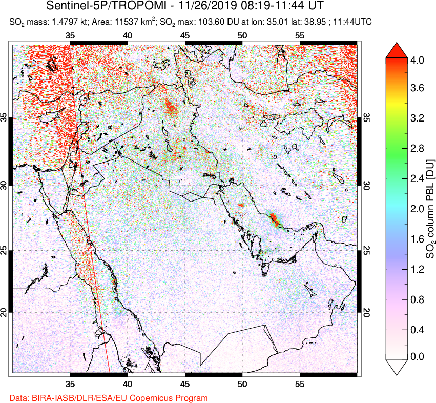 A sulfur dioxide image over Middle East on Nov 26, 2019.