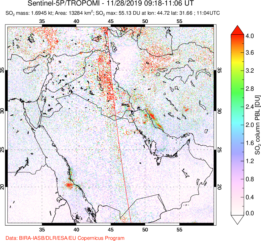 A sulfur dioxide image over Middle East on Nov 28, 2019.