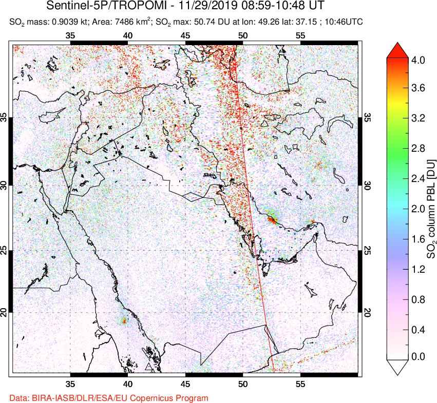 A sulfur dioxide image over Middle East on Nov 29, 2019.