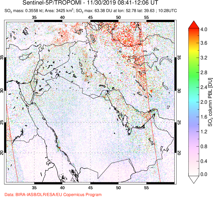 A sulfur dioxide image over Middle East on Nov 30, 2019.