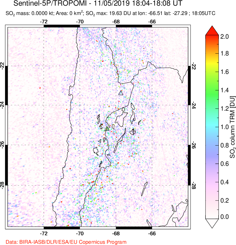 A sulfur dioxide image over Northern Chile on Nov 05, 2019.