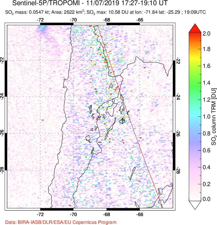 A sulfur dioxide image over Northern Chile on Nov 07, 2019.