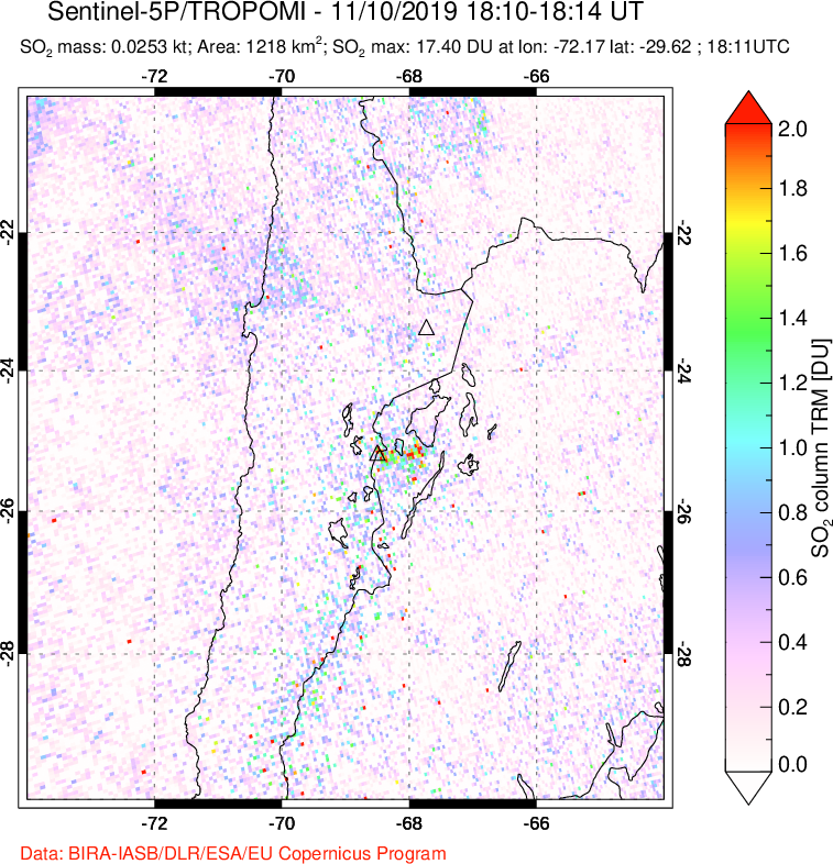A sulfur dioxide image over Northern Chile on Nov 10, 2019.