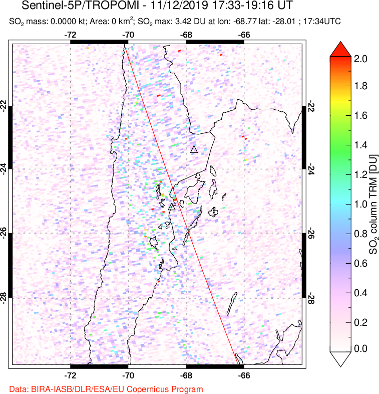 A sulfur dioxide image over Northern Chile on Nov 12, 2019.