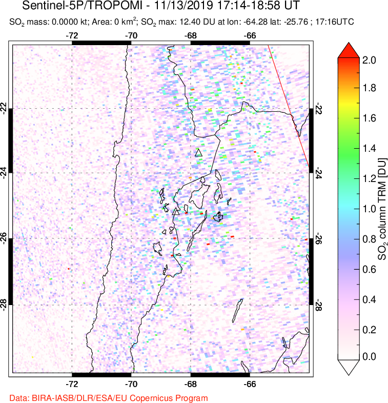 A sulfur dioxide image over Northern Chile on Nov 13, 2019.