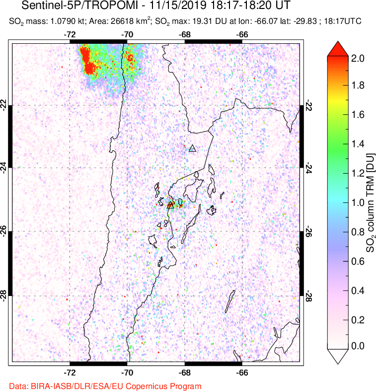 A sulfur dioxide image over Northern Chile on Nov 15, 2019.