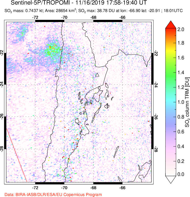 A sulfur dioxide image over Northern Chile on Nov 16, 2019.