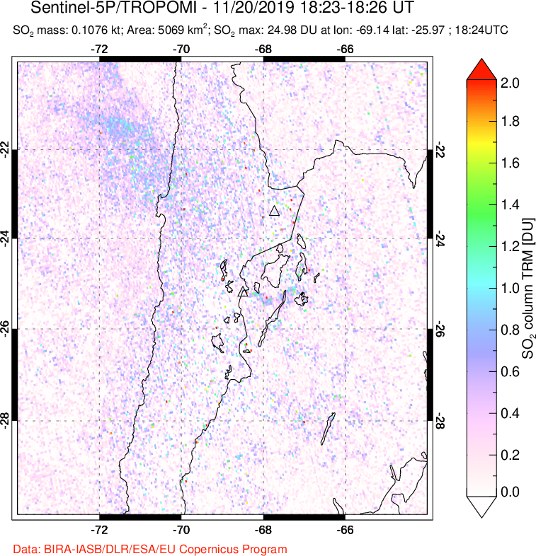 A sulfur dioxide image over Northern Chile on Nov 20, 2019.