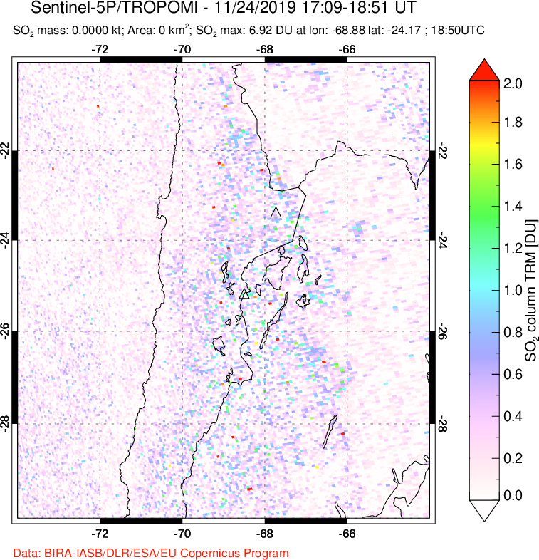 A sulfur dioxide image over Northern Chile on Nov 24, 2019.