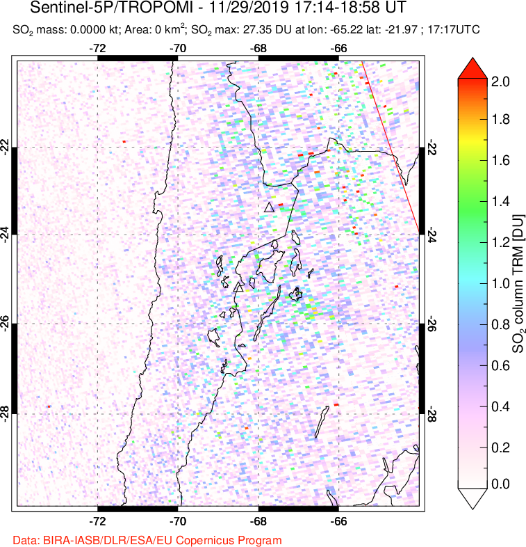 A sulfur dioxide image over Northern Chile on Nov 29, 2019.