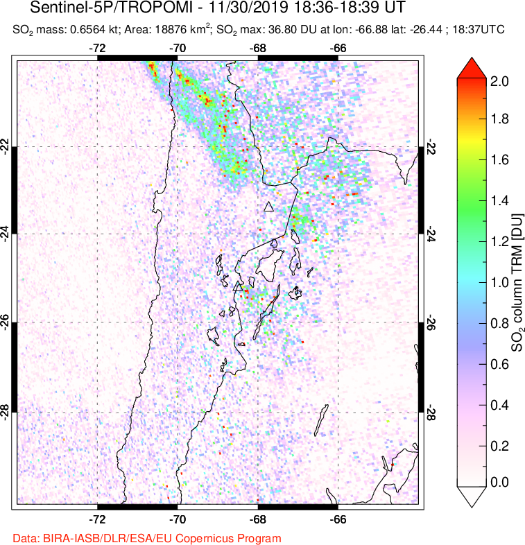 A sulfur dioxide image over Northern Chile on Nov 30, 2019.