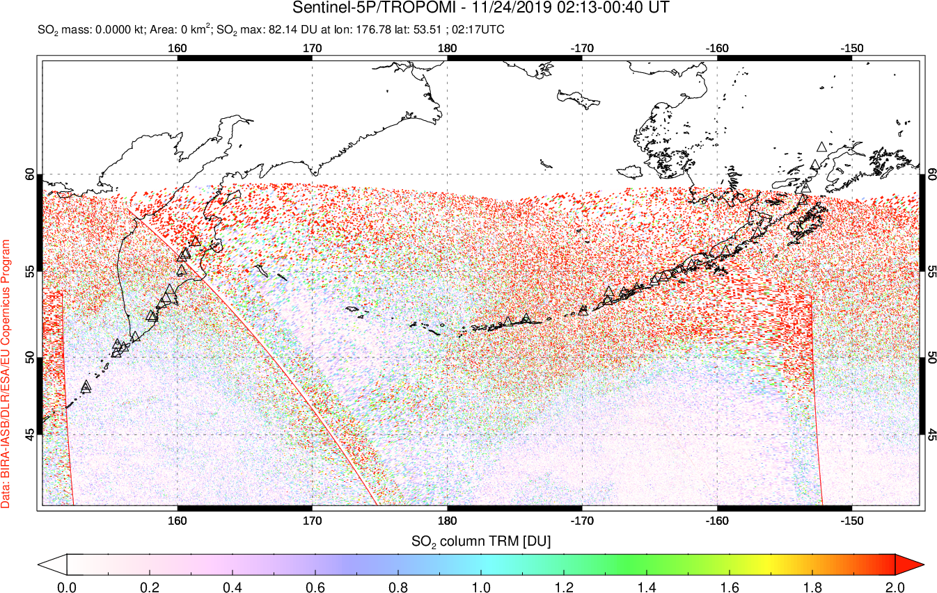 A sulfur dioxide image over North Pacific on Nov 24, 2019.