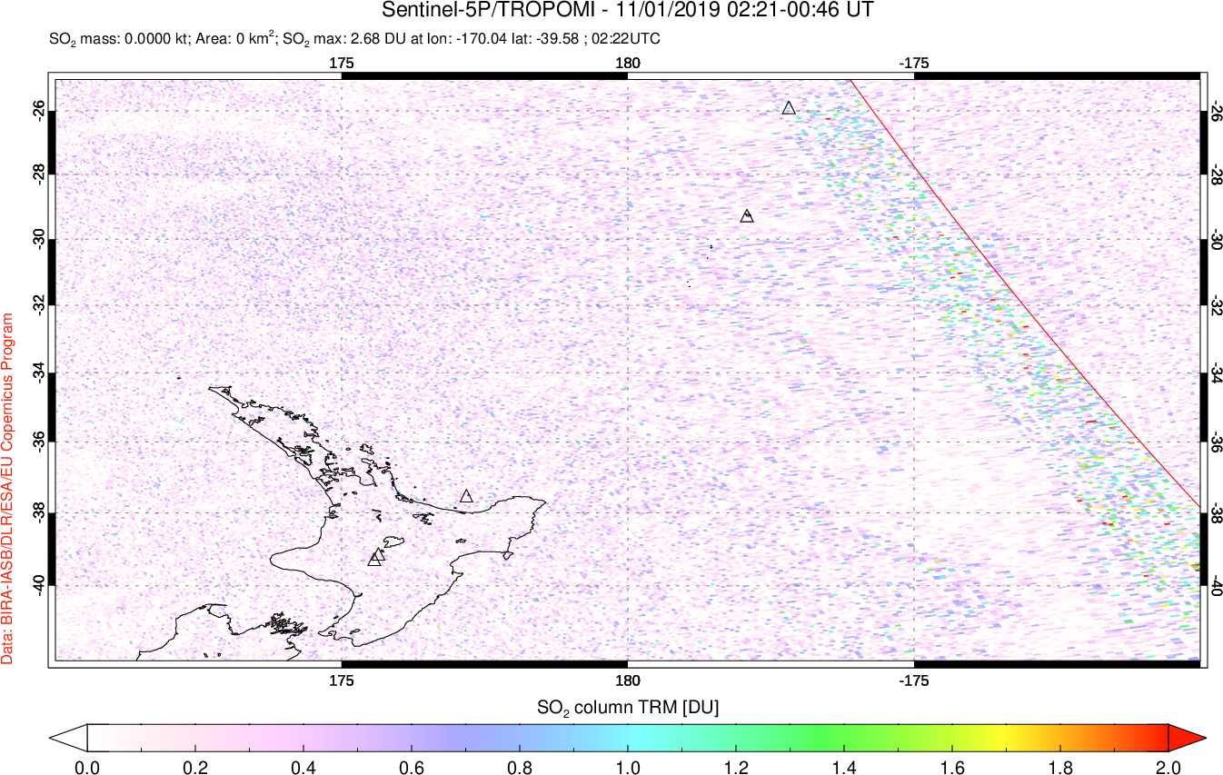 A sulfur dioxide image over New Zealand on Nov 01, 2019.