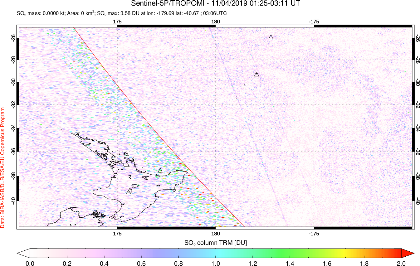 A sulfur dioxide image over New Zealand on Nov 04, 2019.