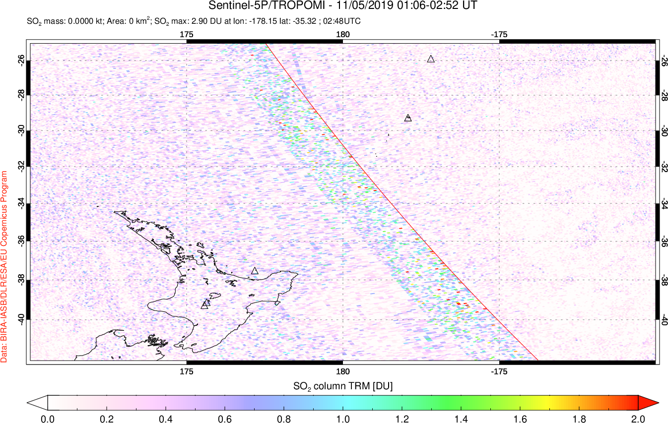 A sulfur dioxide image over New Zealand on Nov 05, 2019.