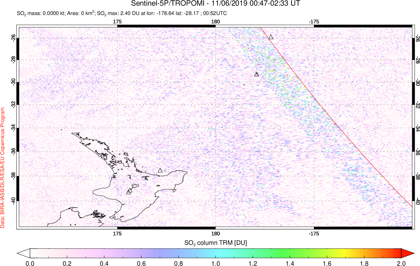 A sulfur dioxide image over New Zealand on Nov 06, 2019.