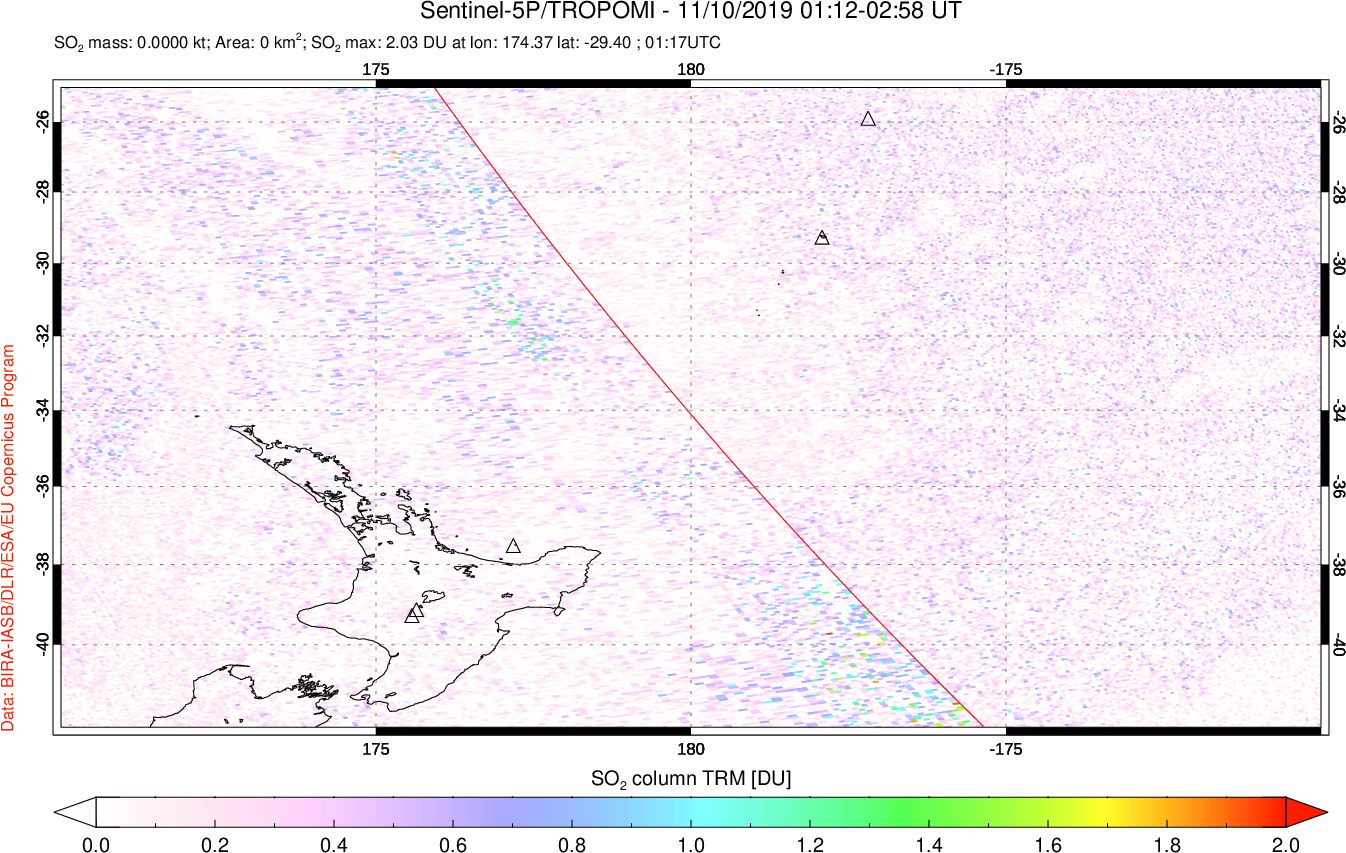 A sulfur dioxide image over New Zealand on Nov 10, 2019.