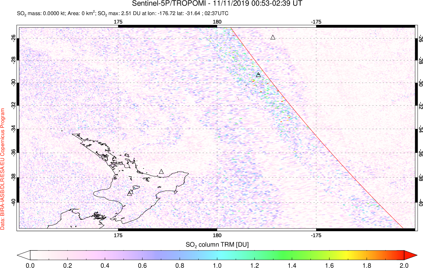 A sulfur dioxide image over New Zealand on Nov 11, 2019.