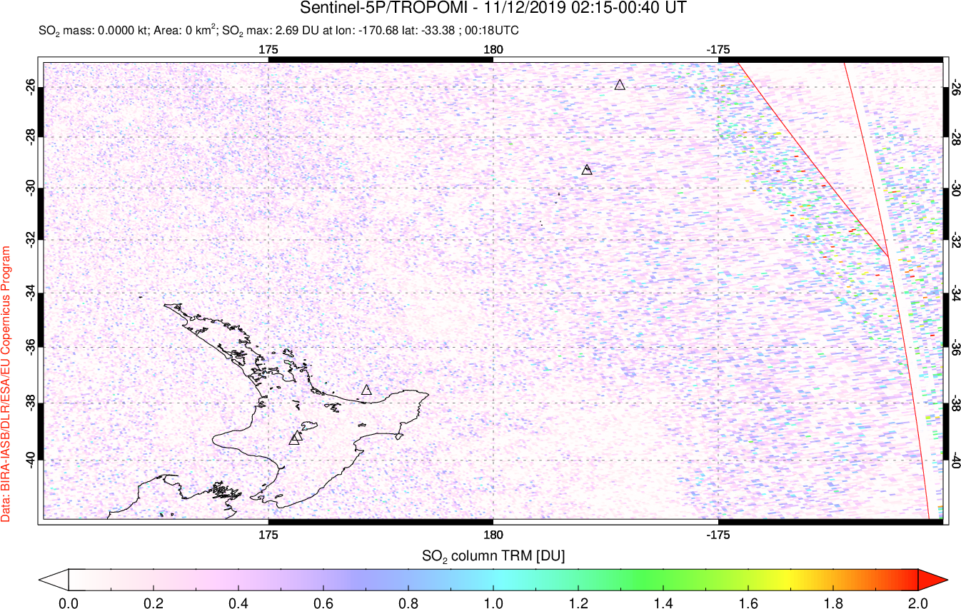 A sulfur dioxide image over New Zealand on Nov 12, 2019.