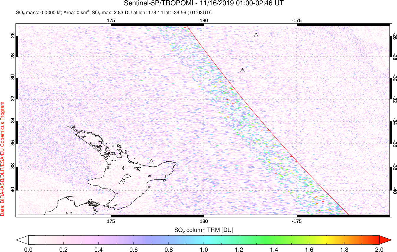 A sulfur dioxide image over New Zealand on Nov 16, 2019.