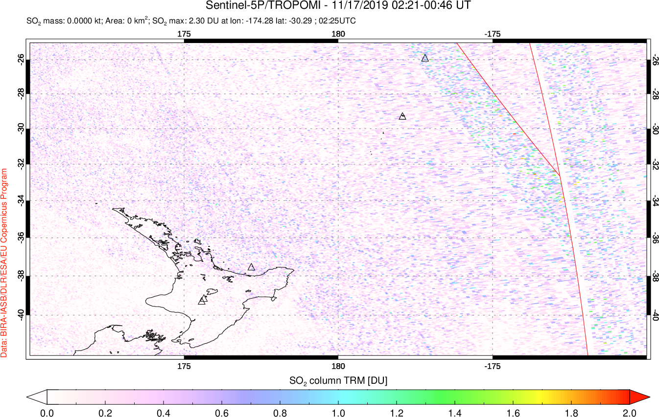 A sulfur dioxide image over New Zealand on Nov 17, 2019.