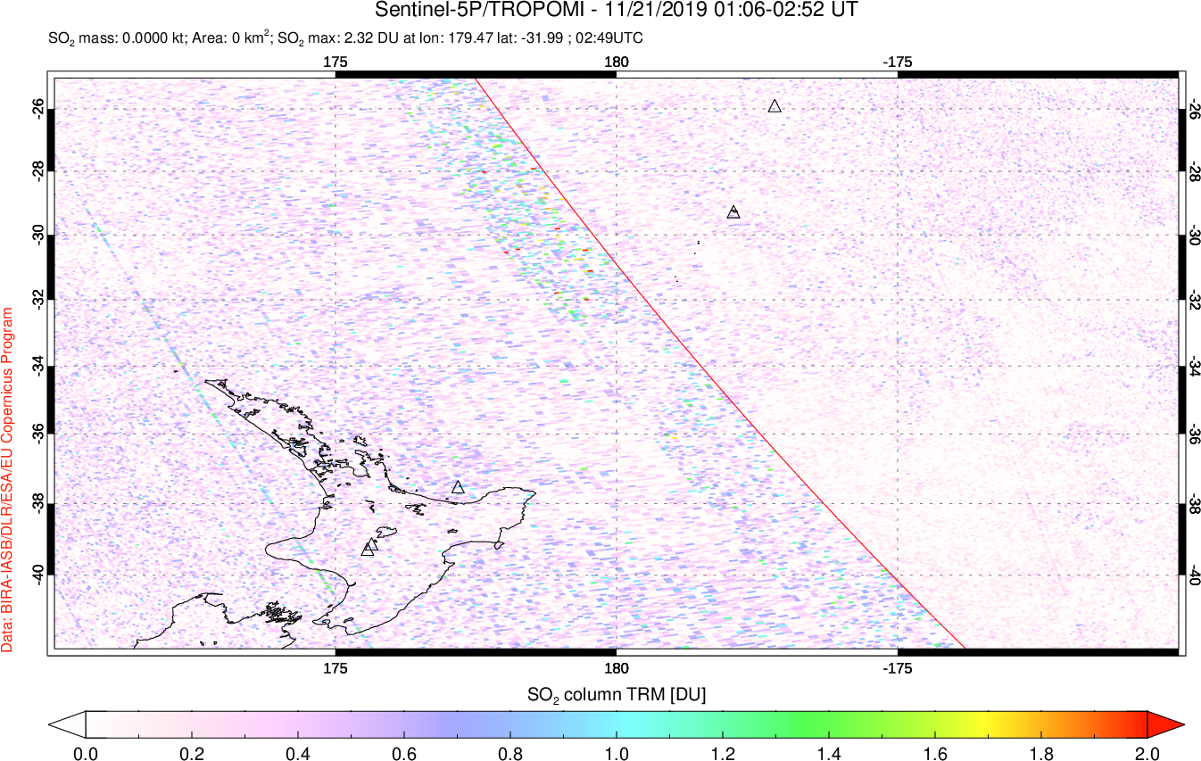 A sulfur dioxide image over New Zealand on Nov 21, 2019.