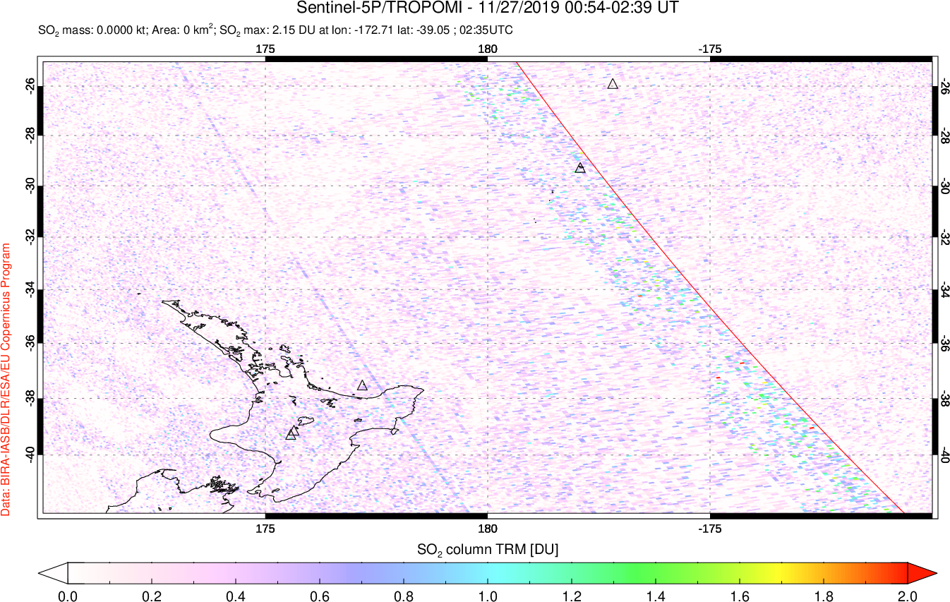 A sulfur dioxide image over New Zealand on Nov 27, 2019.
