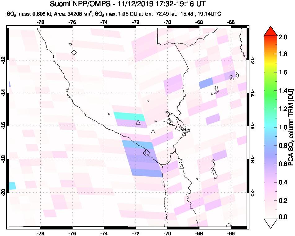 A sulfur dioxide image over Peru on Nov 12, 2019.