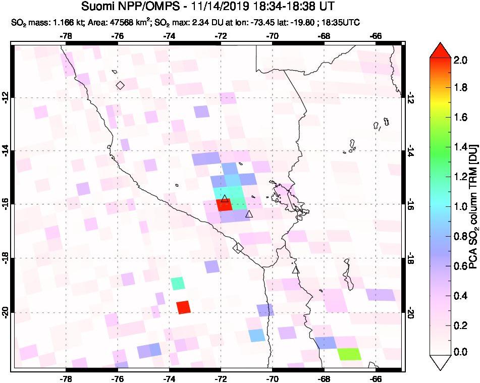 A sulfur dioxide image over Peru on Nov 14, 2019.