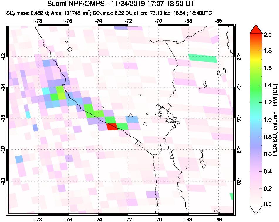 A sulfur dioxide image over Peru on Nov 24, 2019.