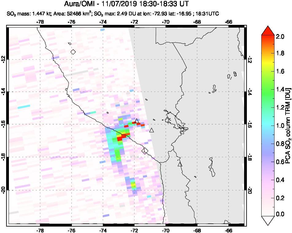 A sulfur dioxide image over Peru on Nov 07, 2019.