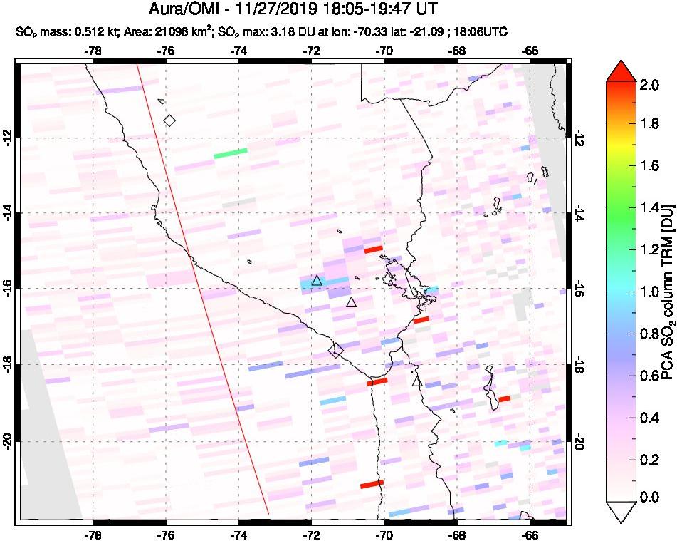 A sulfur dioxide image over Peru on Nov 27, 2019.