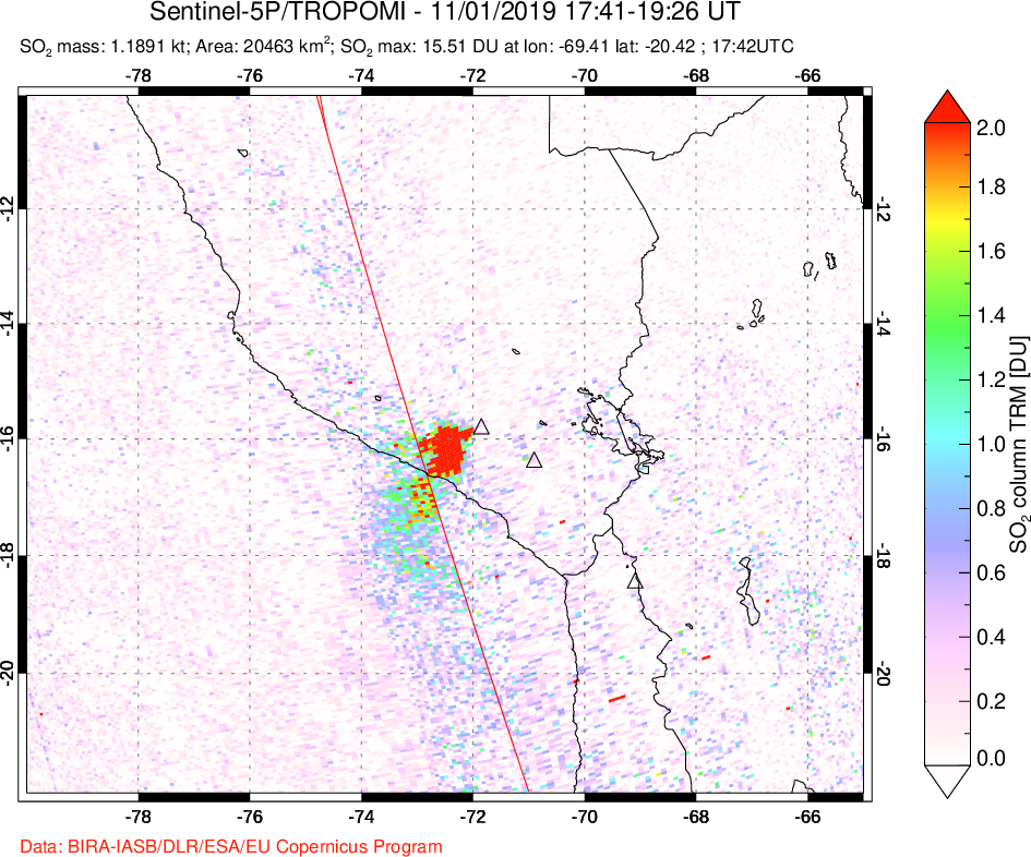 A sulfur dioxide image over Peru on Nov 01, 2019.