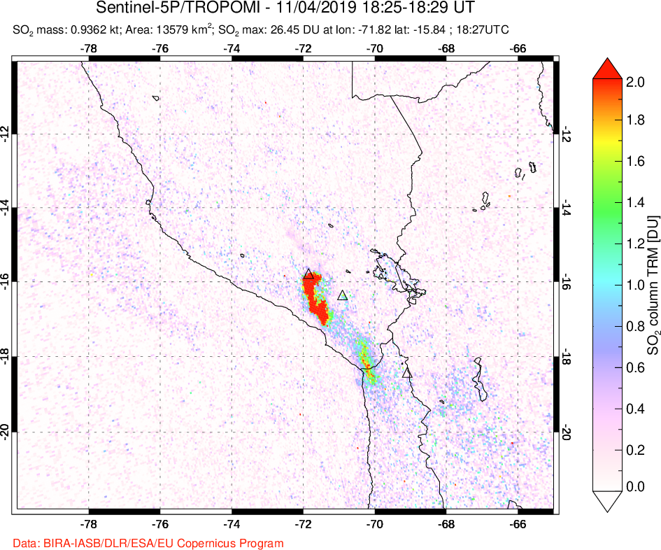 A sulfur dioxide image over Peru on Nov 04, 2019.