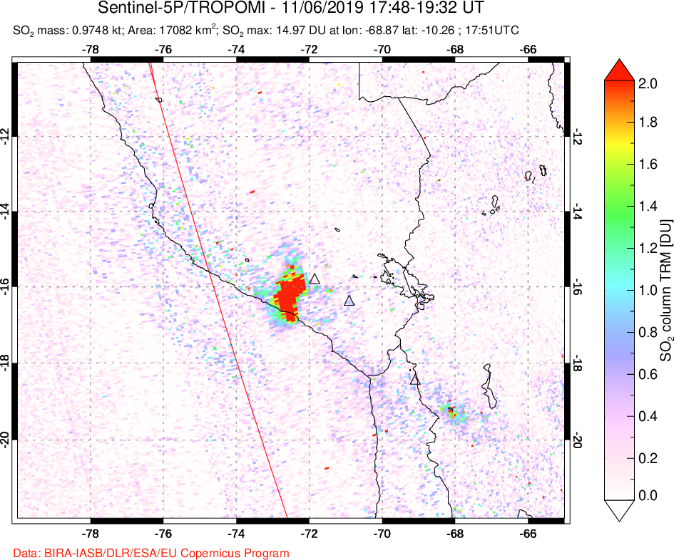 A sulfur dioxide image over Peru on Nov 06, 2019.